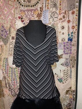 White House Black Market Black and White Striped V-Neck Top